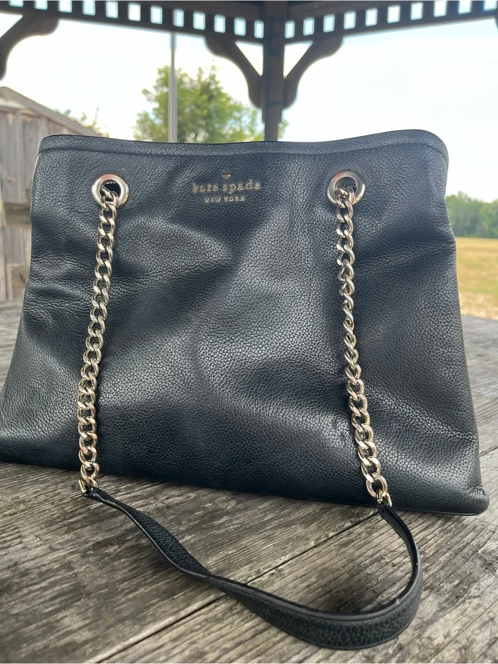kate spade Black Pebbled Leather Shoulder Bag with Gold Chain Straps